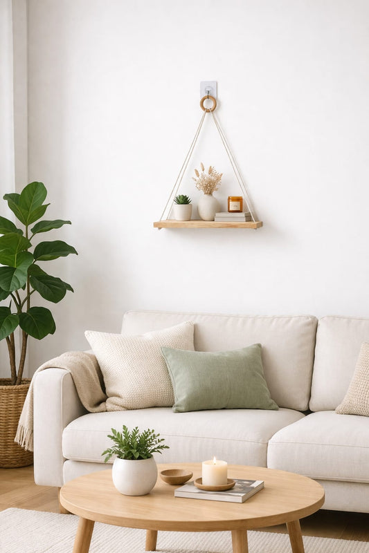 Wooden Hanging Shelf – Minimalist Rope Wall Shelf for Home Decor